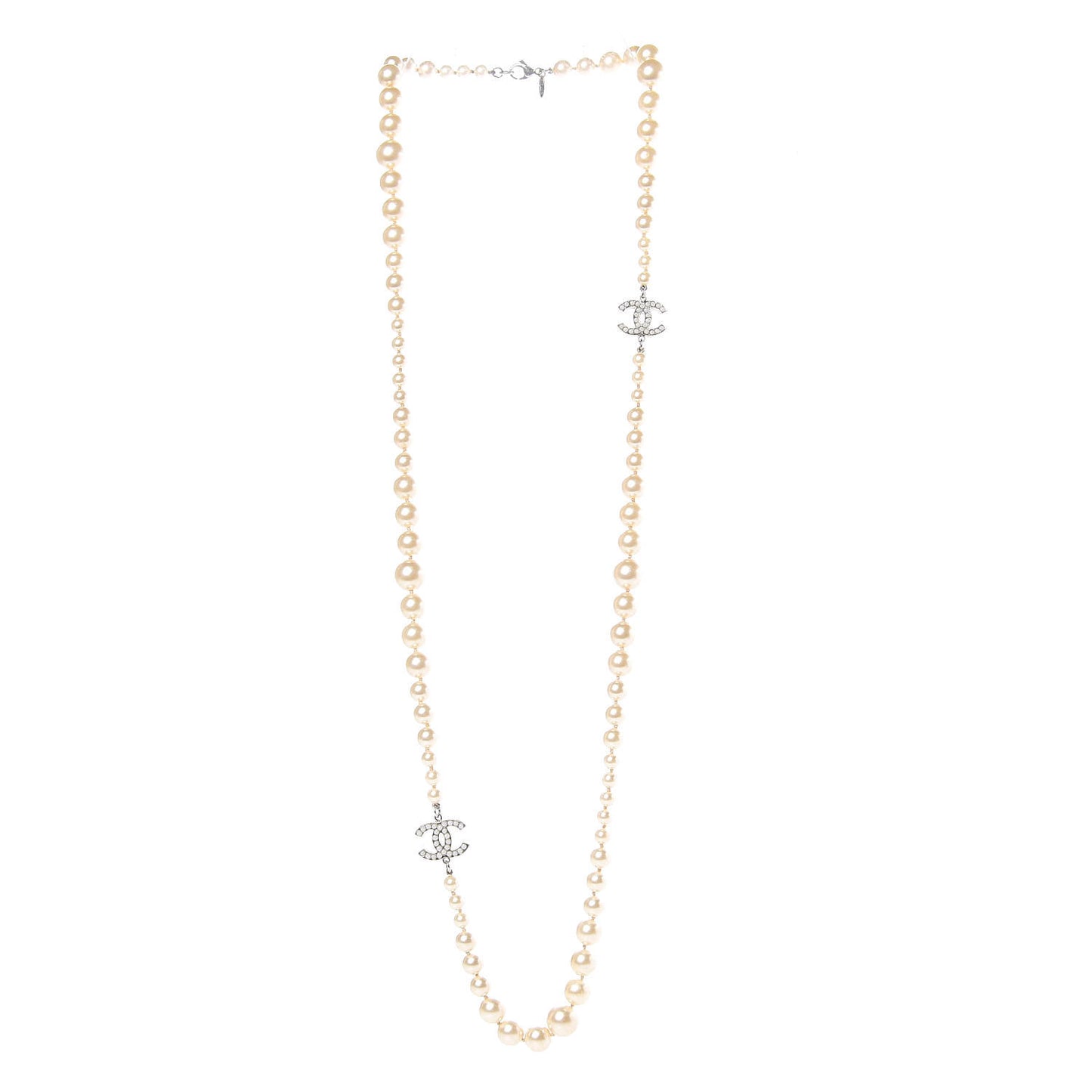 Graduated Pearl CC Long Necklace Silver
