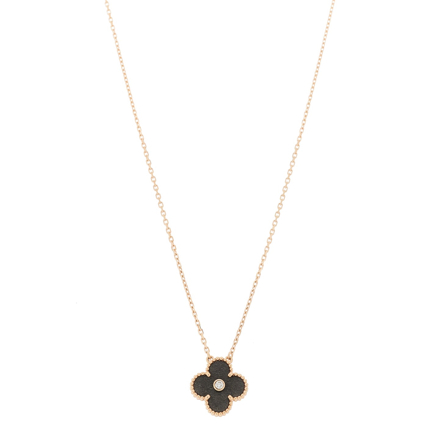 18K Rose Gold Diamond Silver Obsidian Vintage Alhambra Pendant Necklace
