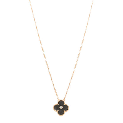 Van Cleef & Arpels 18K Rose Gold Diamond Silver Obsidian Vintage Alhambra Pendant Necklace 1 of 5