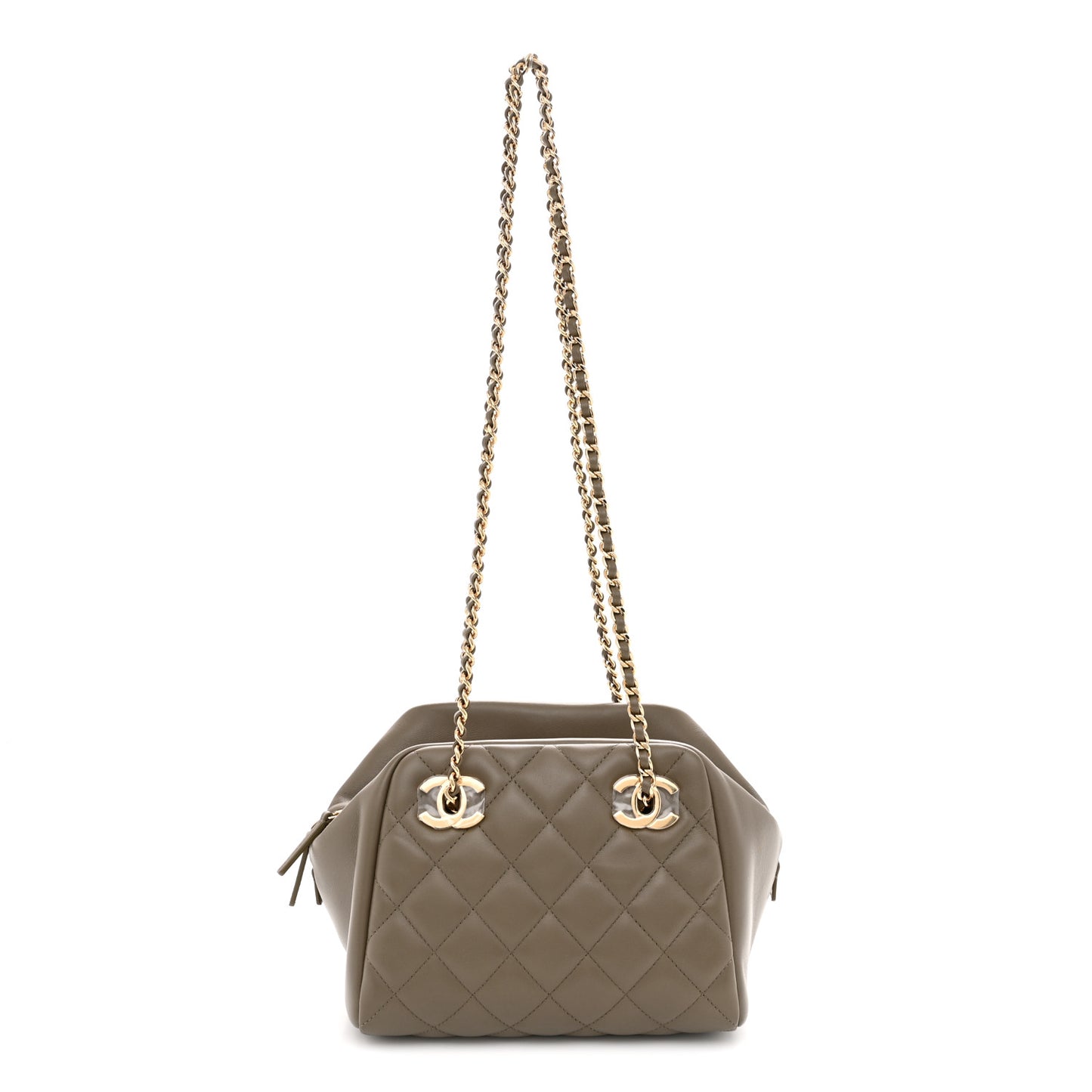 Lambskin Quilted Small CC Bowling Bag Dark Khaki