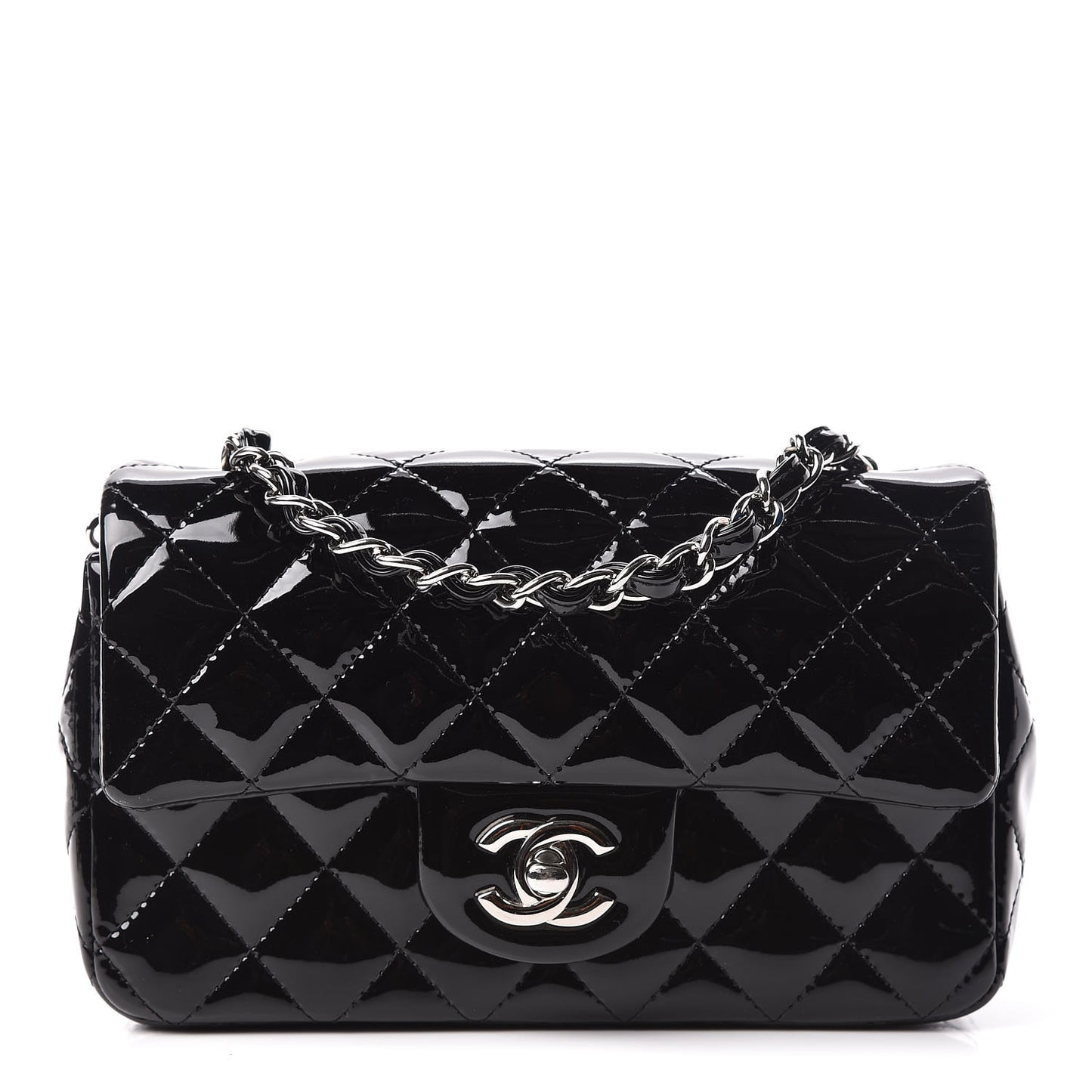 Patent Calfskin Quilted Mini Rectangular Flap Black