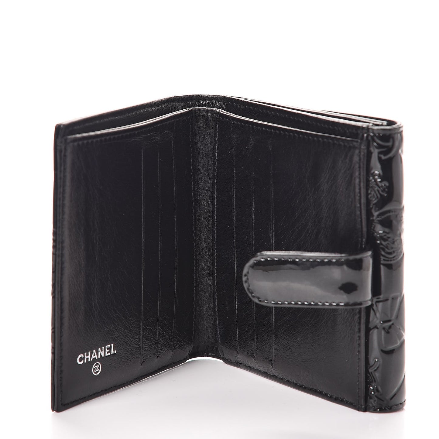 Patent Calfskin Lucky Symbols Compact French Flap Wallet Black