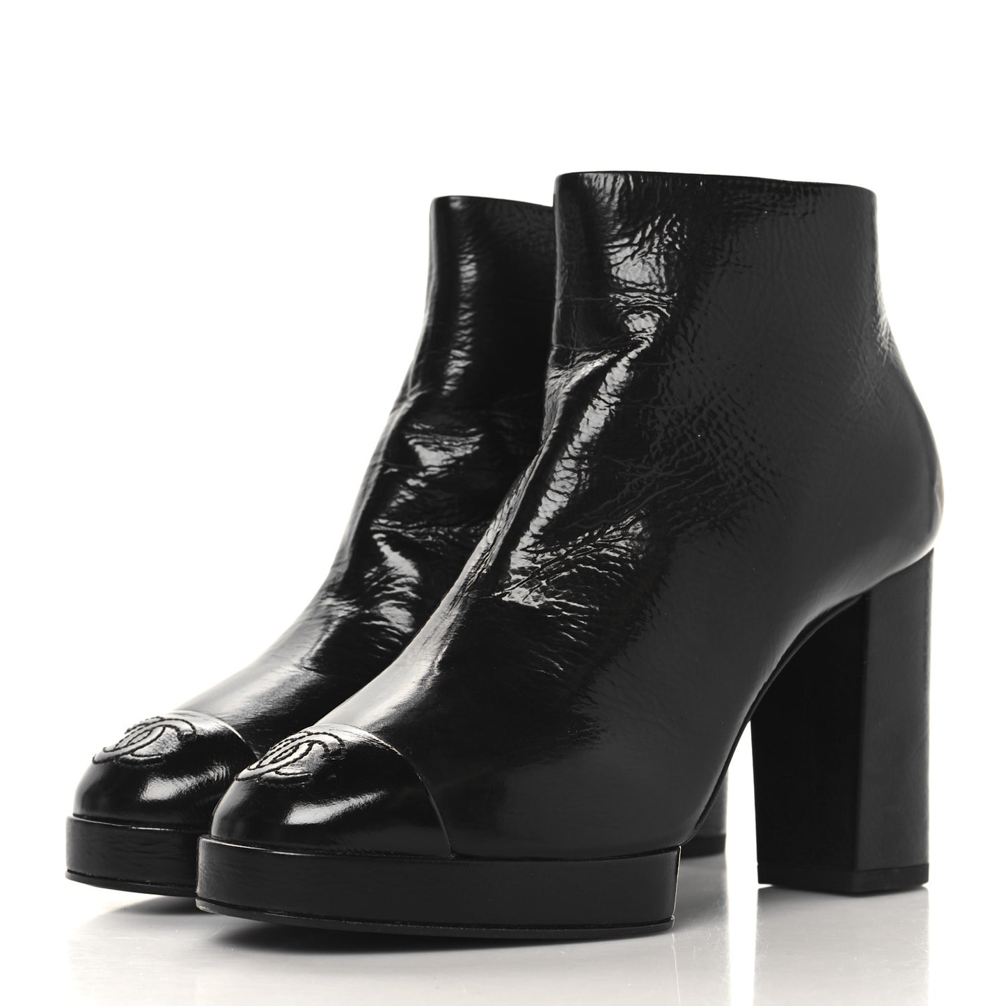 Shiny Crumpled Calfskin CC Cap Toe Ankle Boots 35.5 Black