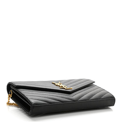 Saint Laurent Grain De Poudre Matelasse Chevron Monogram Chain Wallet Black 5 of 9