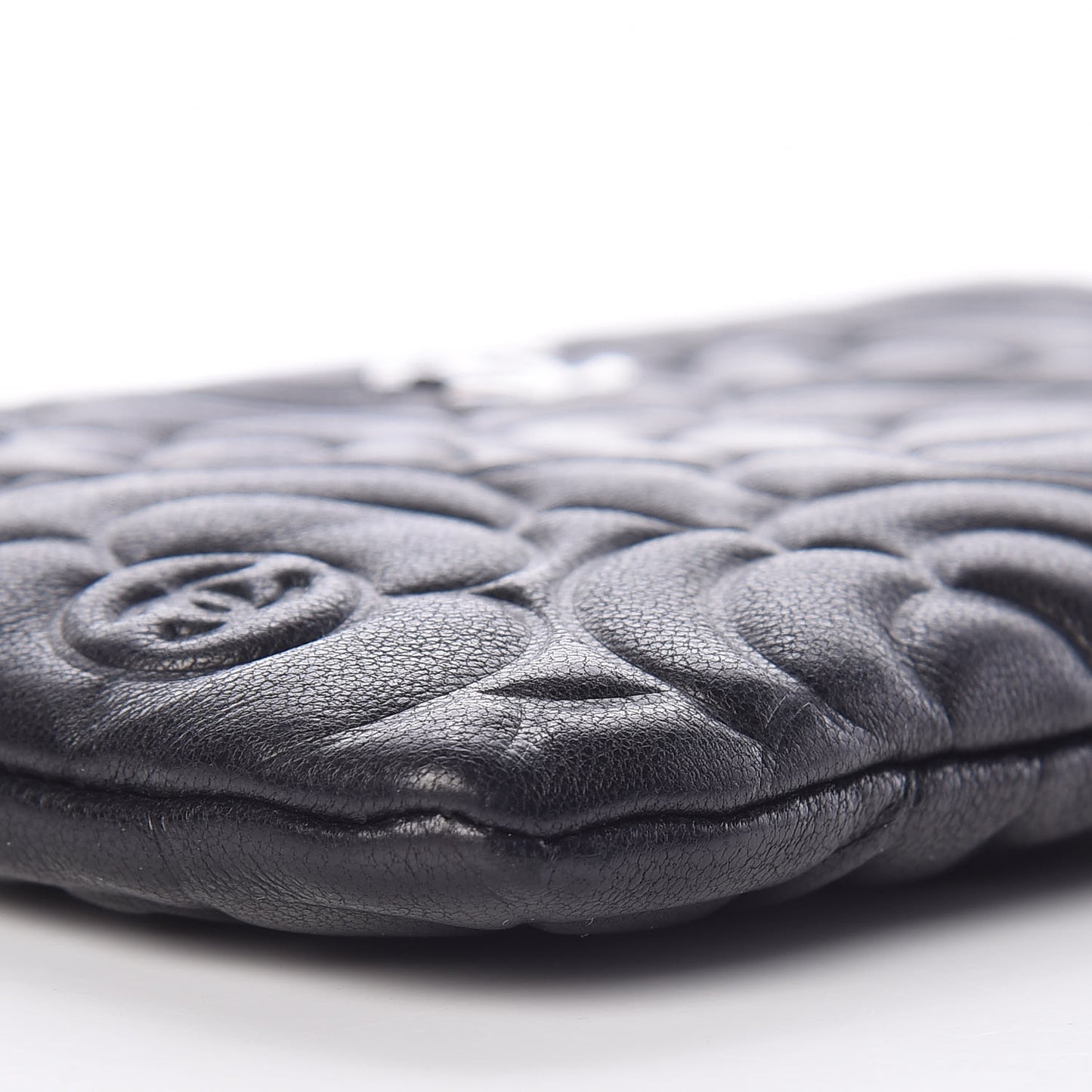 Goatskin Camellia Embossed Cosmetic Pouch Black