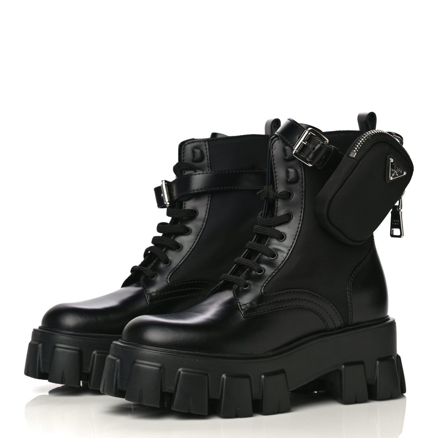 Prada Spazzolato Rois Re-Nylon Metal Triangle Logo Monolith Pouch Pocket 55mm Boots 35 Black 4 of 13