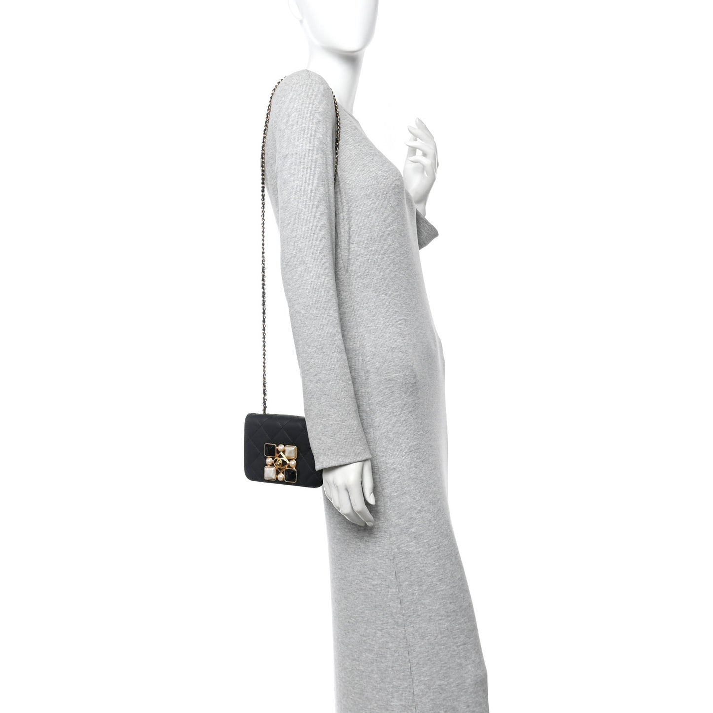 Calfskin Quilted Crystal Pearl Mini Flap Bag Black