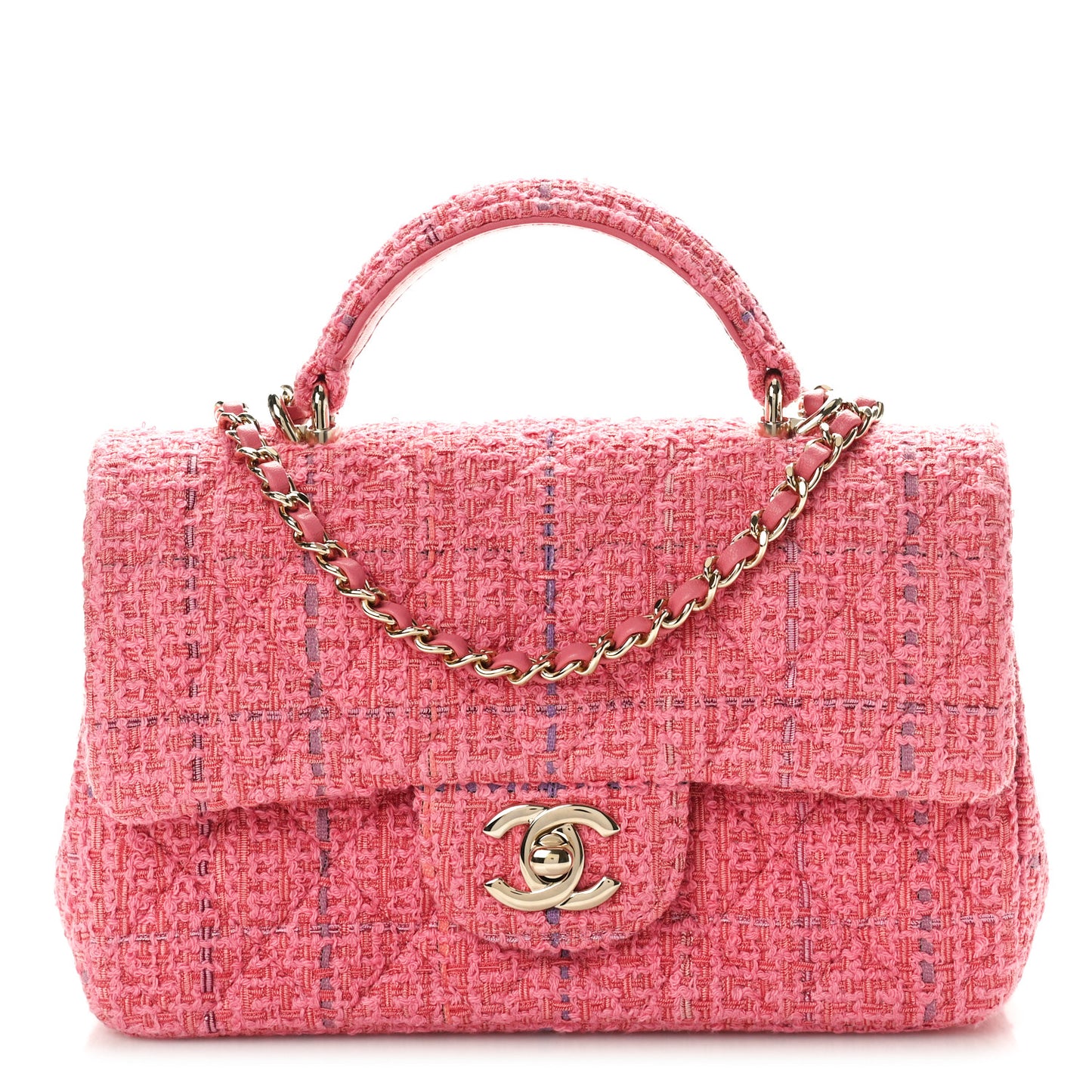 Tweed Quilted Mini Top Handle Rectangular Flap Dark Pink