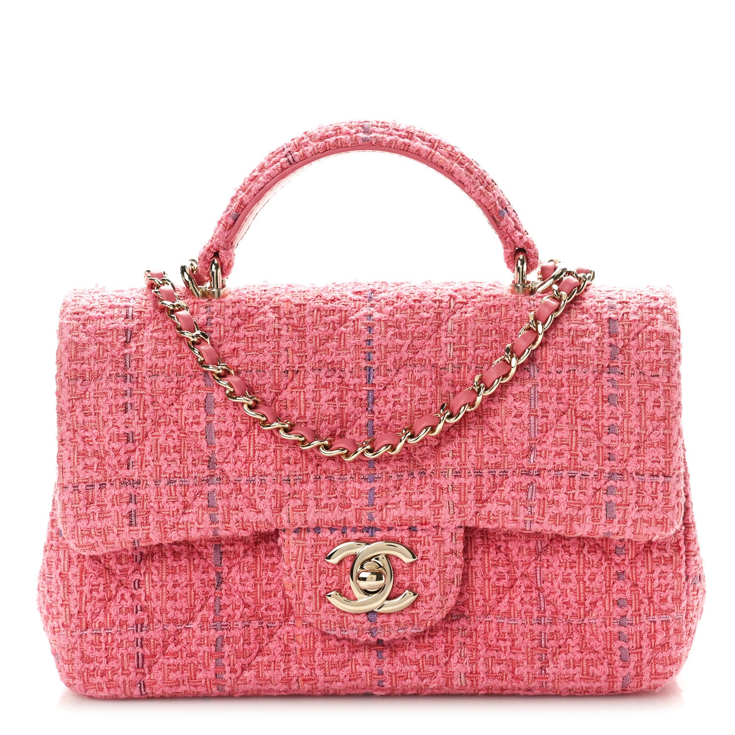 Chanel Tweed Quilted Mini Top Handle Rectangular Flap Dark Pink 1 of 10