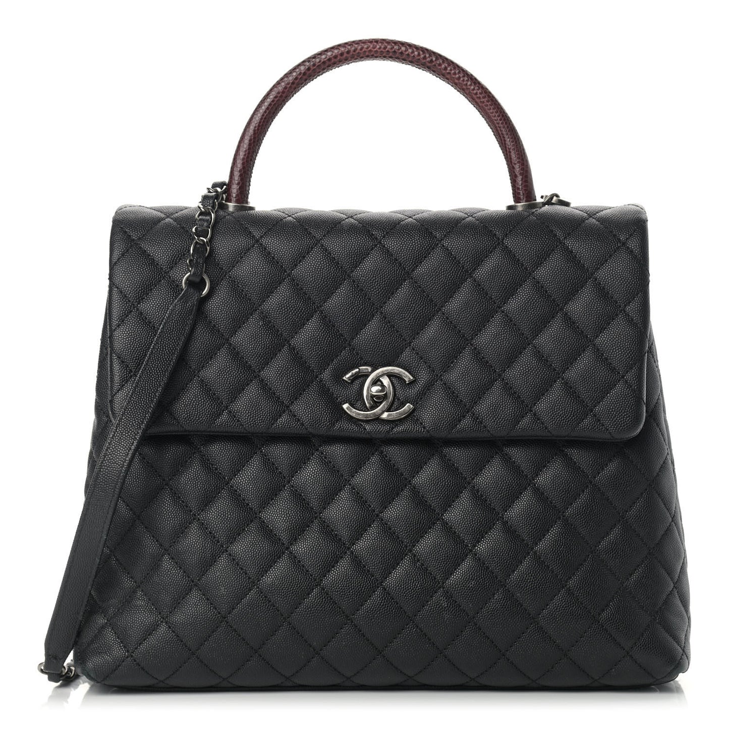 Caviar Lizard Quilted Large Coco Handle Flap Black