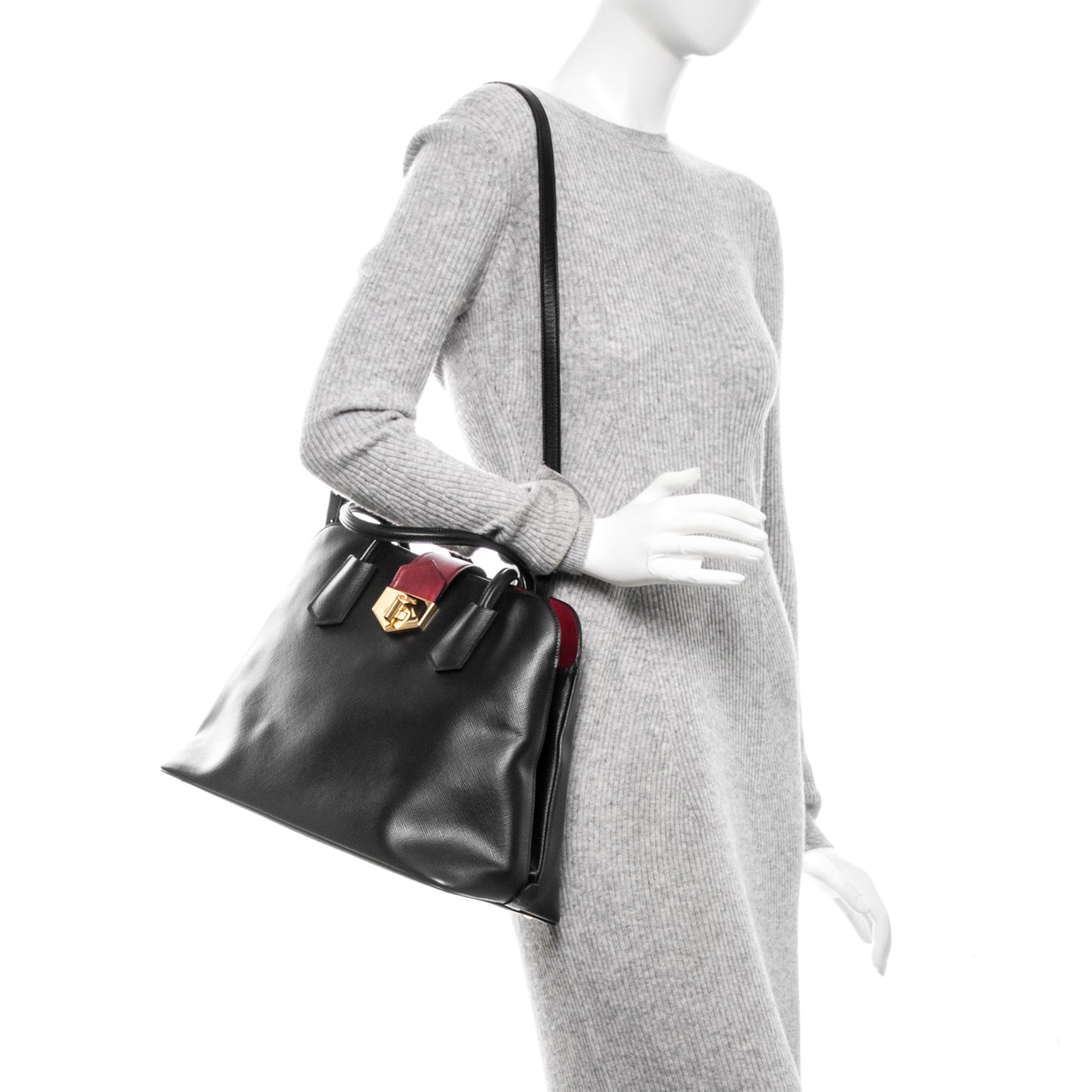 Saffiano Cuir Bi-Color Double Handle Tote Black Fuoco