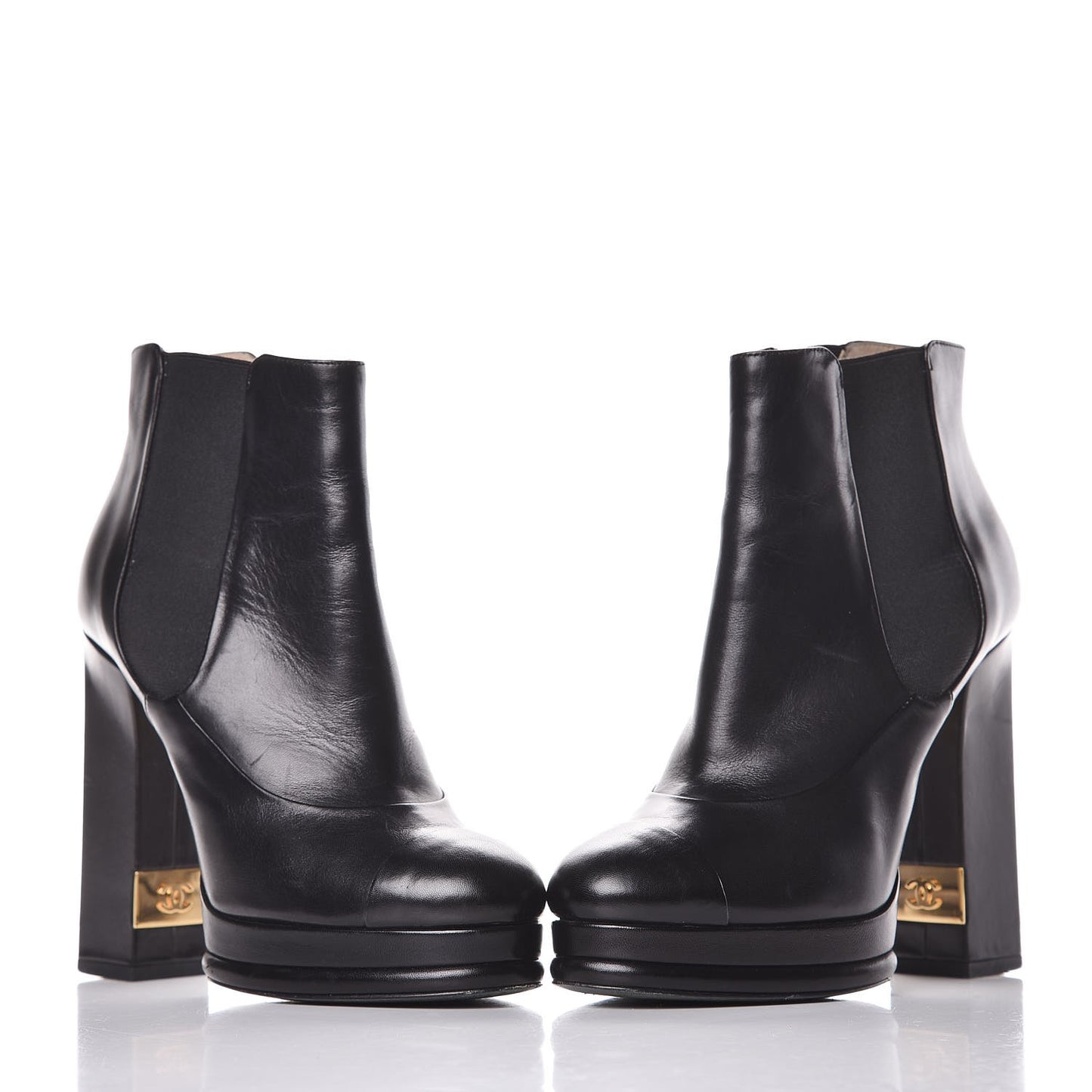 Calfskin Elastic Cap Toe Ankle Boots Booties Heels 37 Black