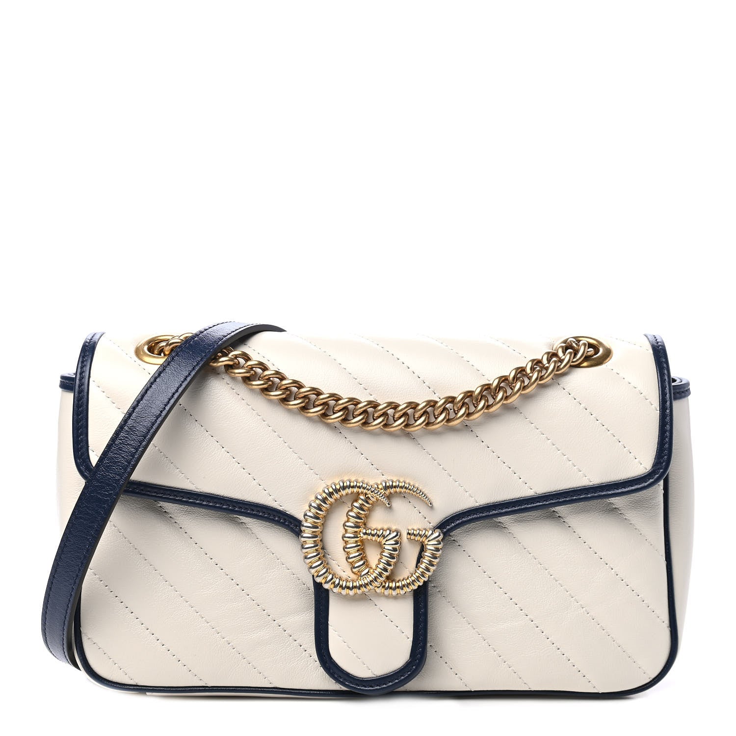 Gucci Vintage Effect Calfskin Matelasse Diagonal Small Torchon GG Marmont Shoulder Bag Mystic White Blue Agata 1 of 4