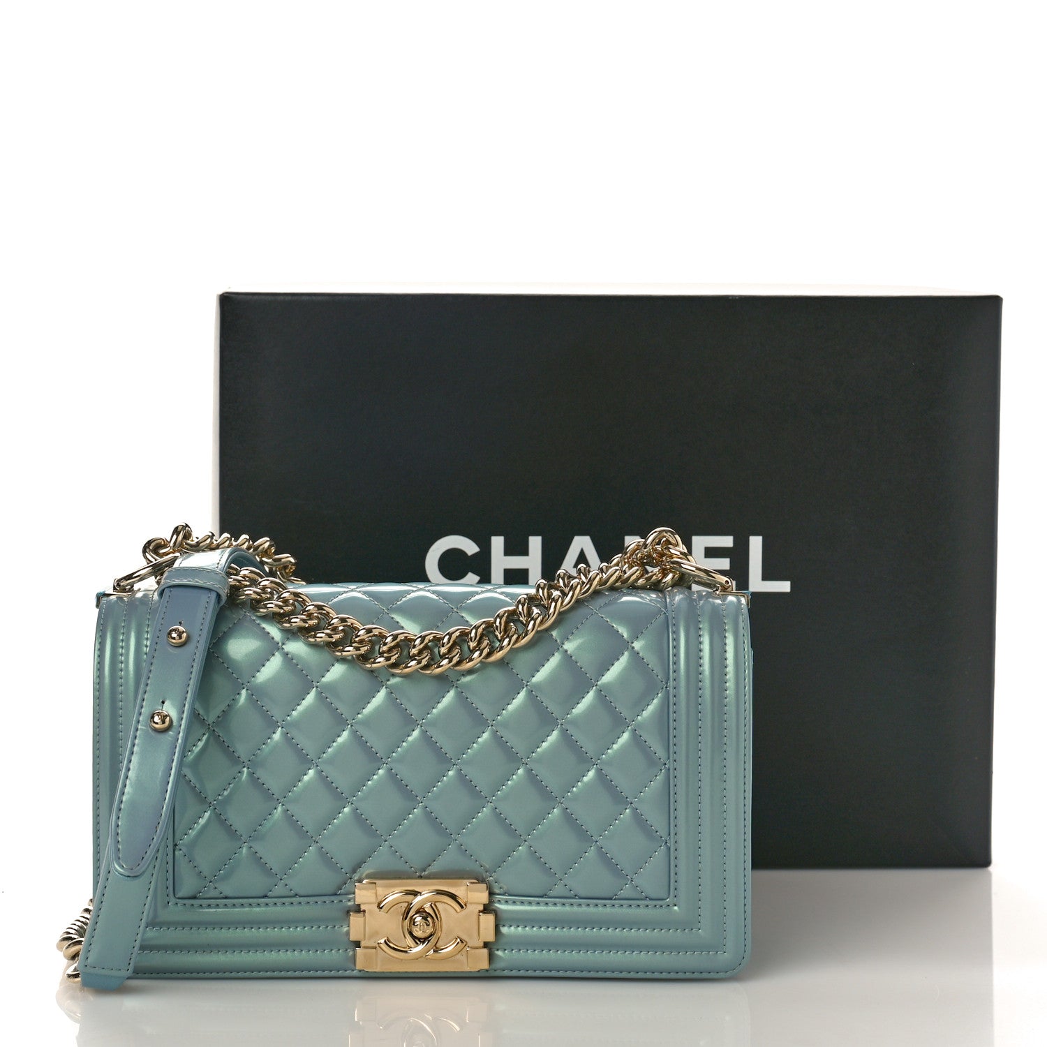 Chanel Iridescent Glazed Calfskin Quilted Medium Boy Flap Light Blue 11 of 11