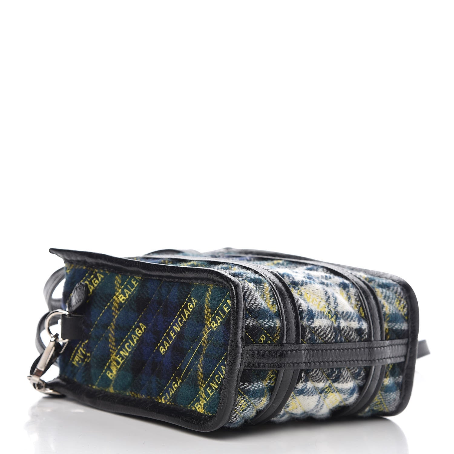 Balenciaga Wool Cuir Arena Plaid Diagonal Allover Logo Matelasse XXS Bazar Shopper Tote Green Blue Yellow 4 of 8