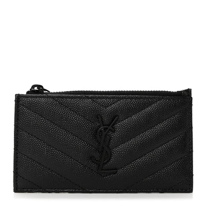Saint Laurent Monogram Grain de Poudre 5 Fragments Zip Pouch Card Holder Black 1 of 7