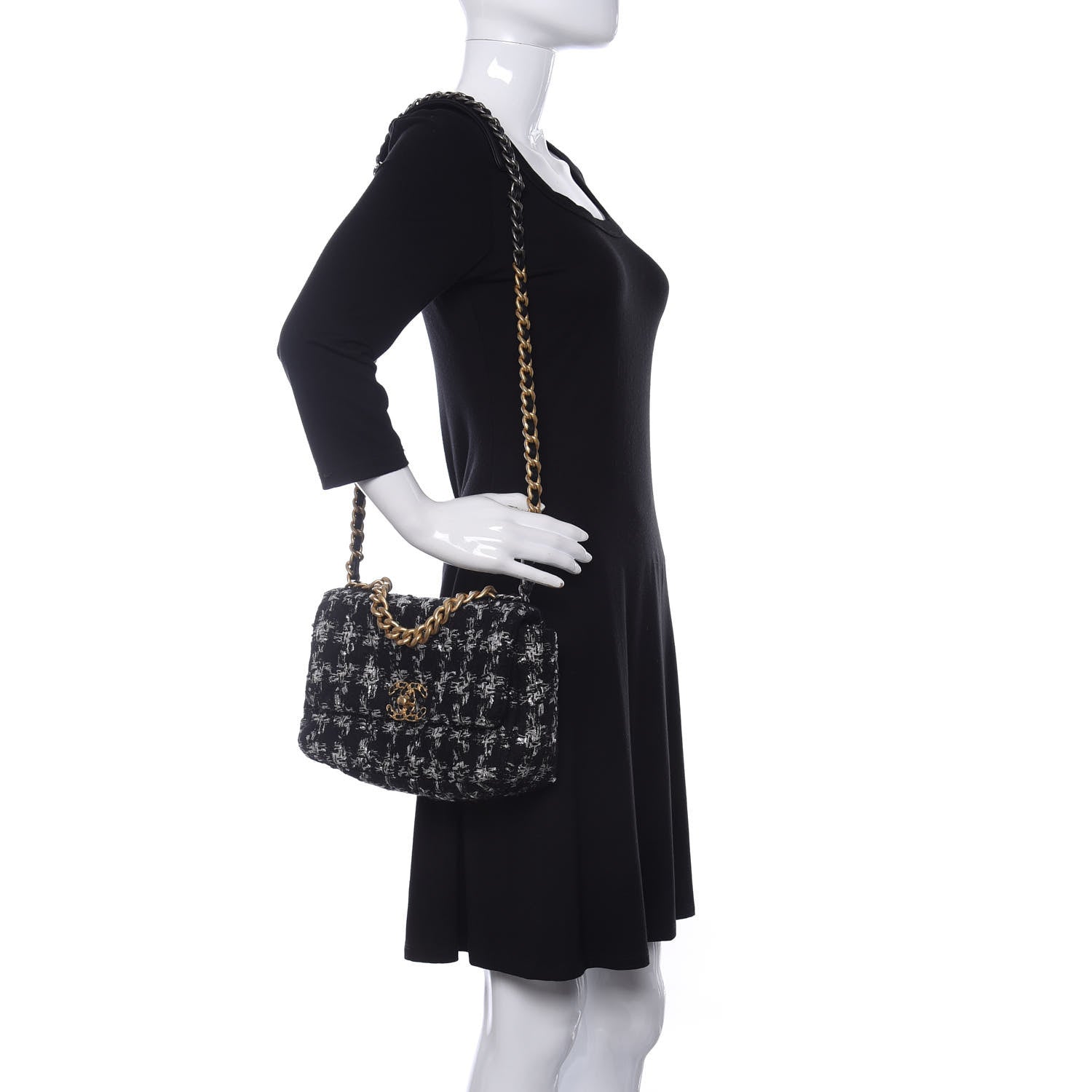 Chanel Tweed Quilted Medium Chanel 19 Flap Black Silver Ecru 2 of 12
