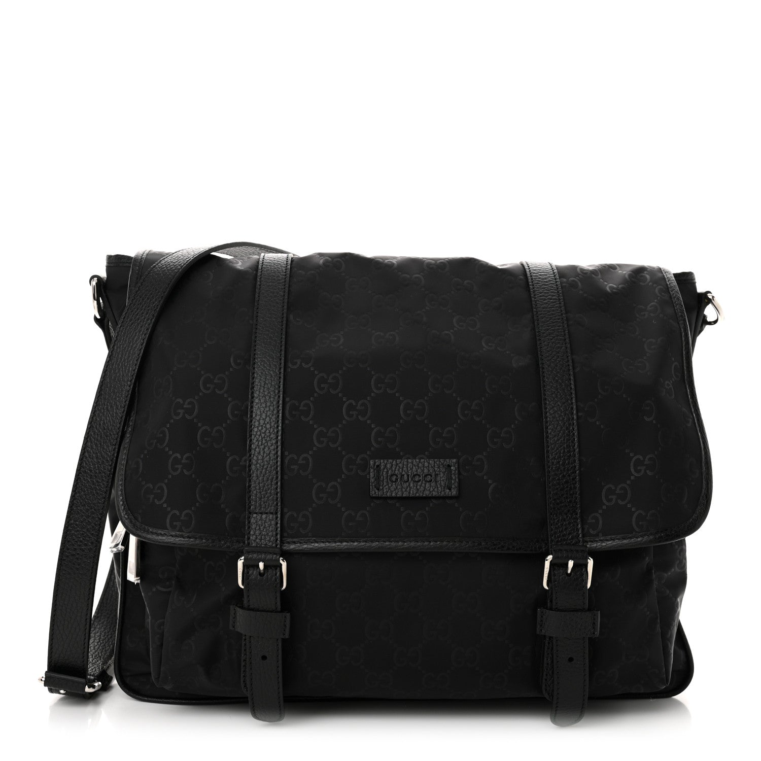 Gucci Nylon Monogram Double Buckle Flap Messenger Bag Black 1 of 10