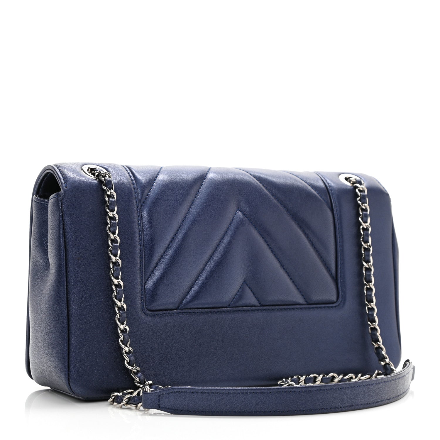 Chanel Metallic Sheepskin Chevron Quilted Medium Vintage Mademoiselle Flap Navy 3 of 11