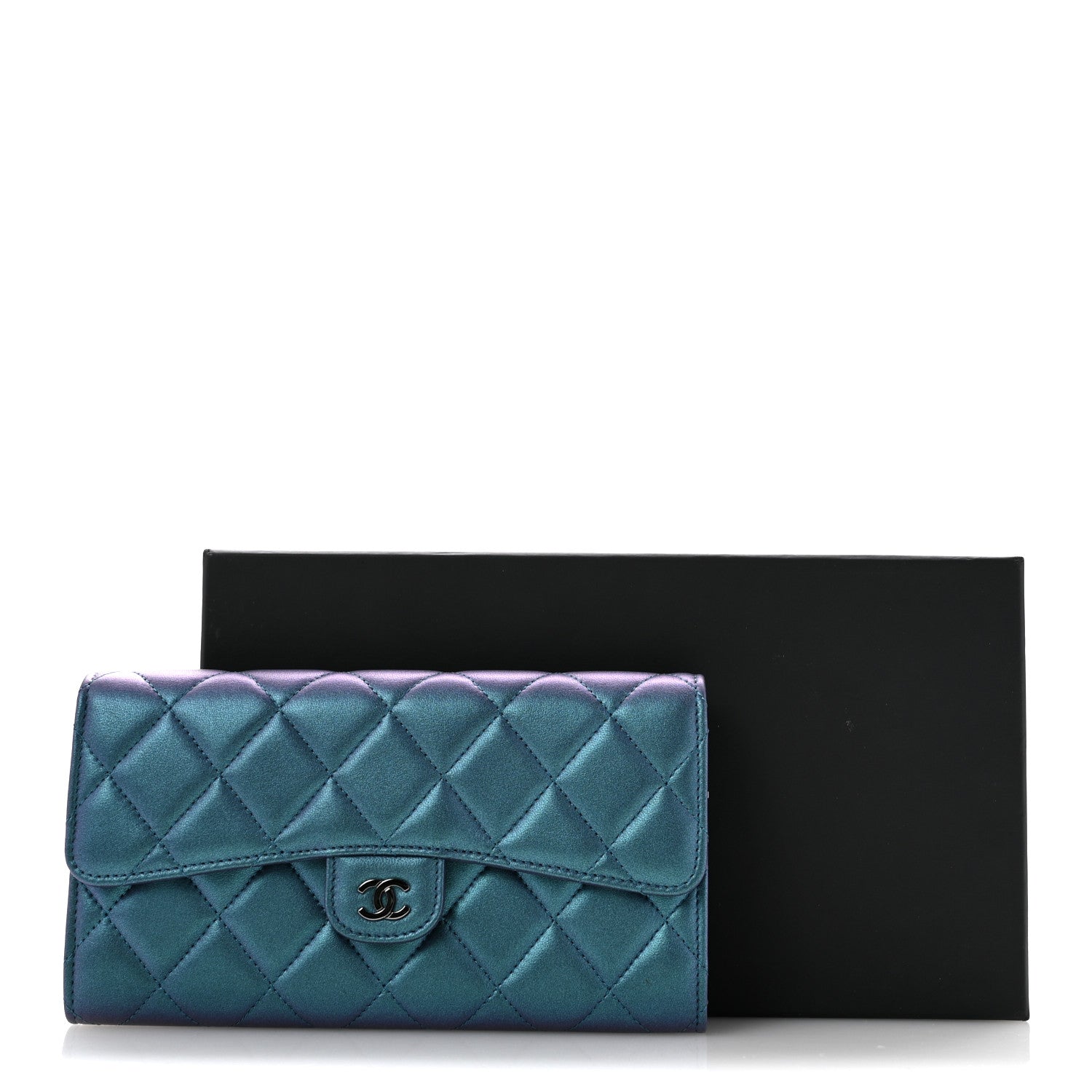 Chanel Metallic Lambskin Quilted Large Gusset Flap Wallet Turquoise 11 of 11