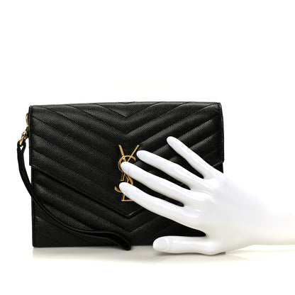 Saint Laurent Grain De Poudre Matelasse Chevron Monogram Envelope Clutch Black 2 of 9