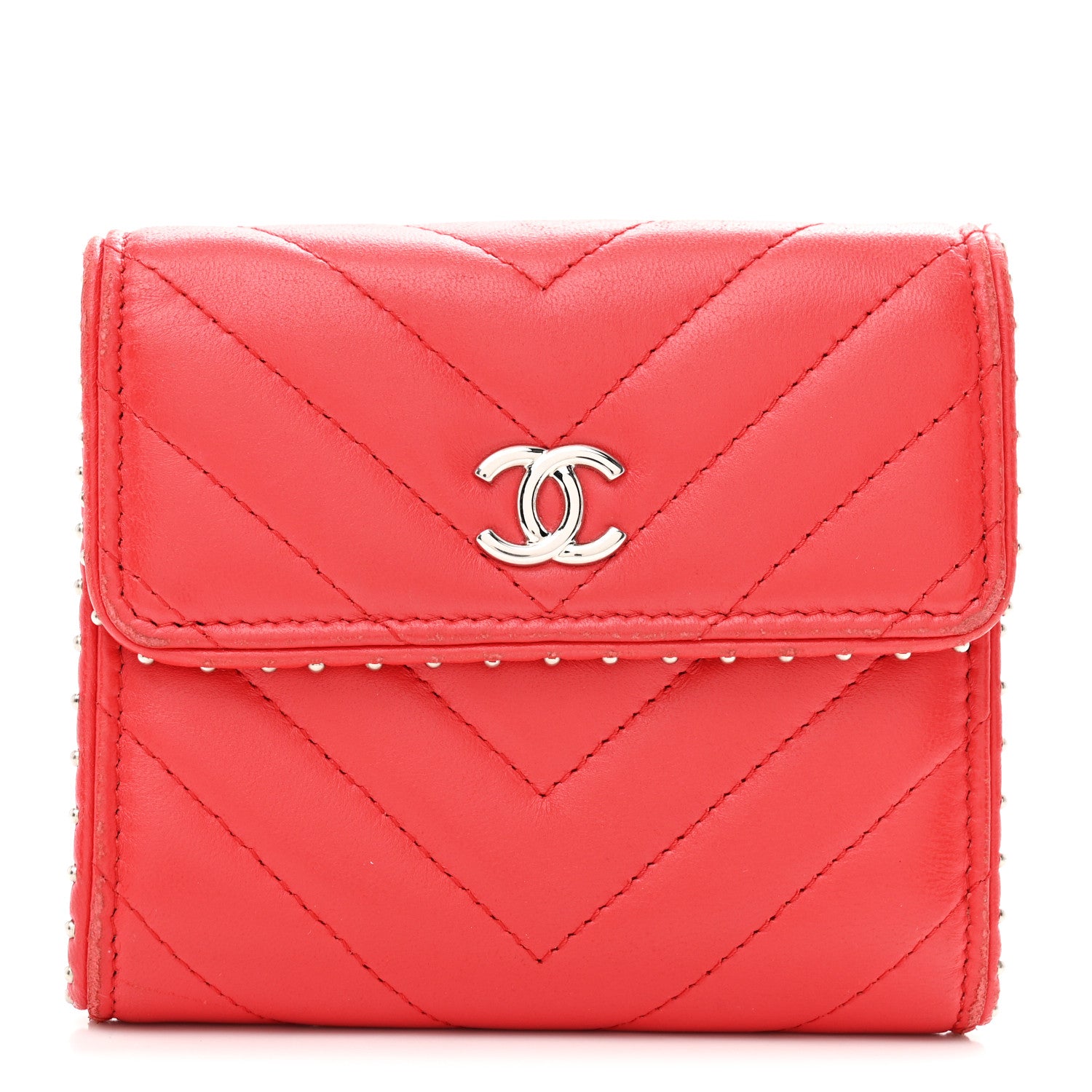 Chanel Lambskin Chevron Quilted Studded Compact Flap Wallet Red 1 of 8