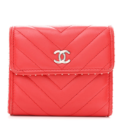 Chanel Lambskin Chevron Quilted Studded Compact Flap Wallet Red 1 of 8