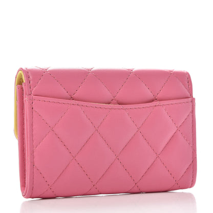 Chanel Lambskin Quilted Flap Card Holder Wallet Pink Yellow 3 of 9