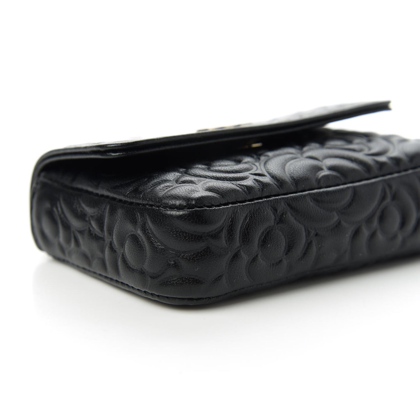 Lambskin Camellia Embossed Chain Belt Bag Black