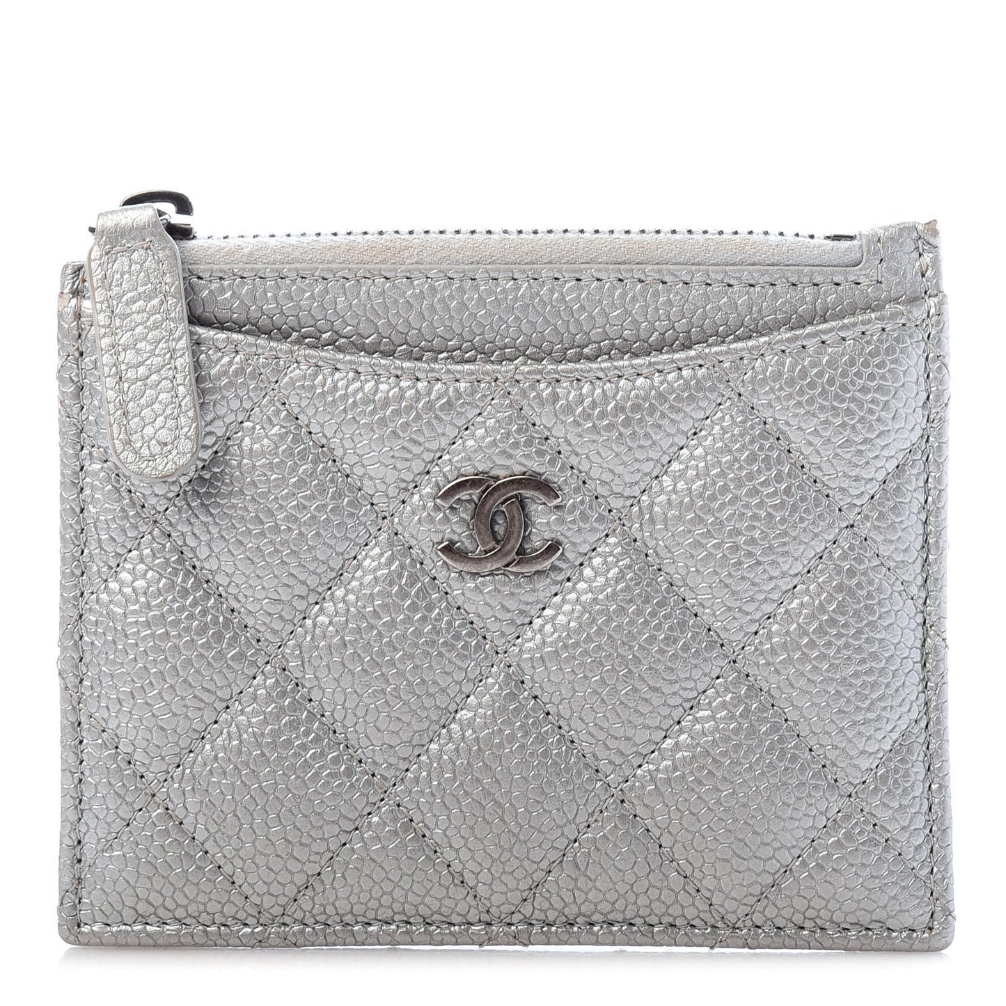 Metallic Caviar Quilted CC Zip Card Holder Silver