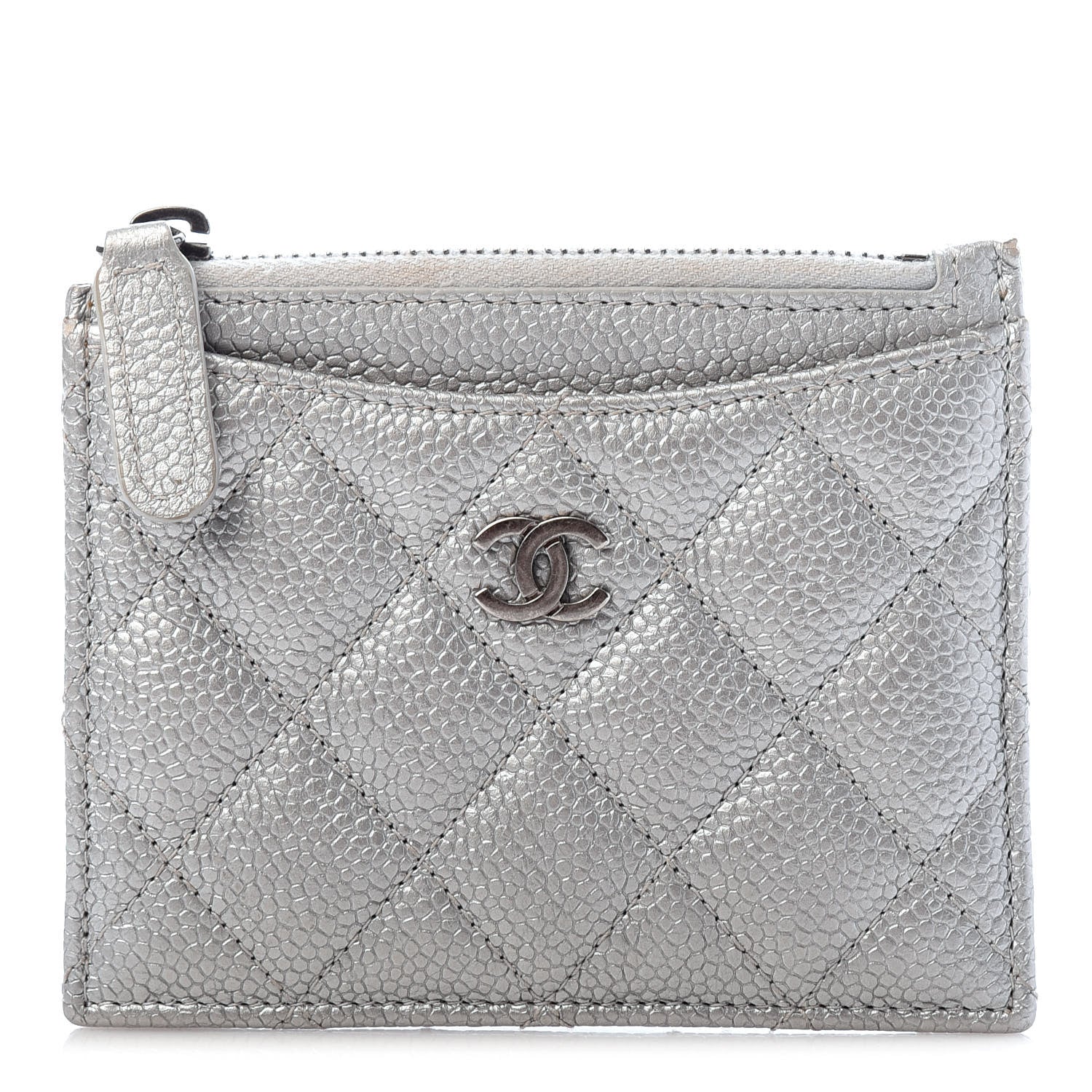 Chanel Metallic Caviar Quilted CC Zip Card Holder Silver 1 of 8