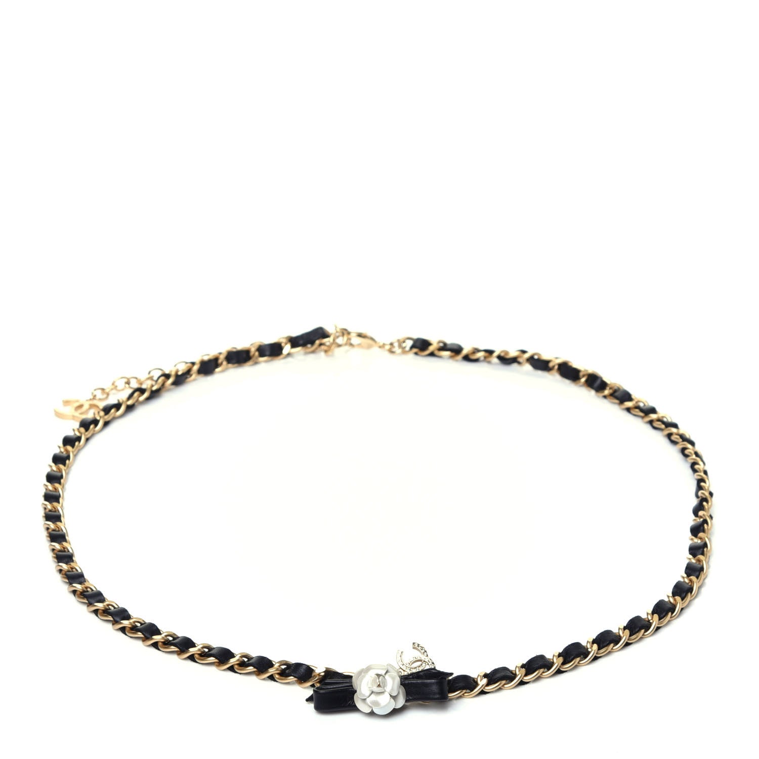 Chanel Calfskin Crystal Chain Camellia Belt 85 Black Gold 1 of 8