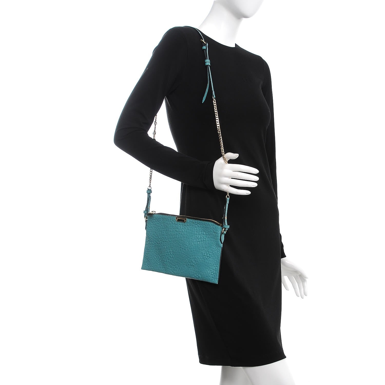 Burberry Signature Grain Calfskin Check Embossed Peyton Crossbody Clutch Bag Aqua Green 2 of 9