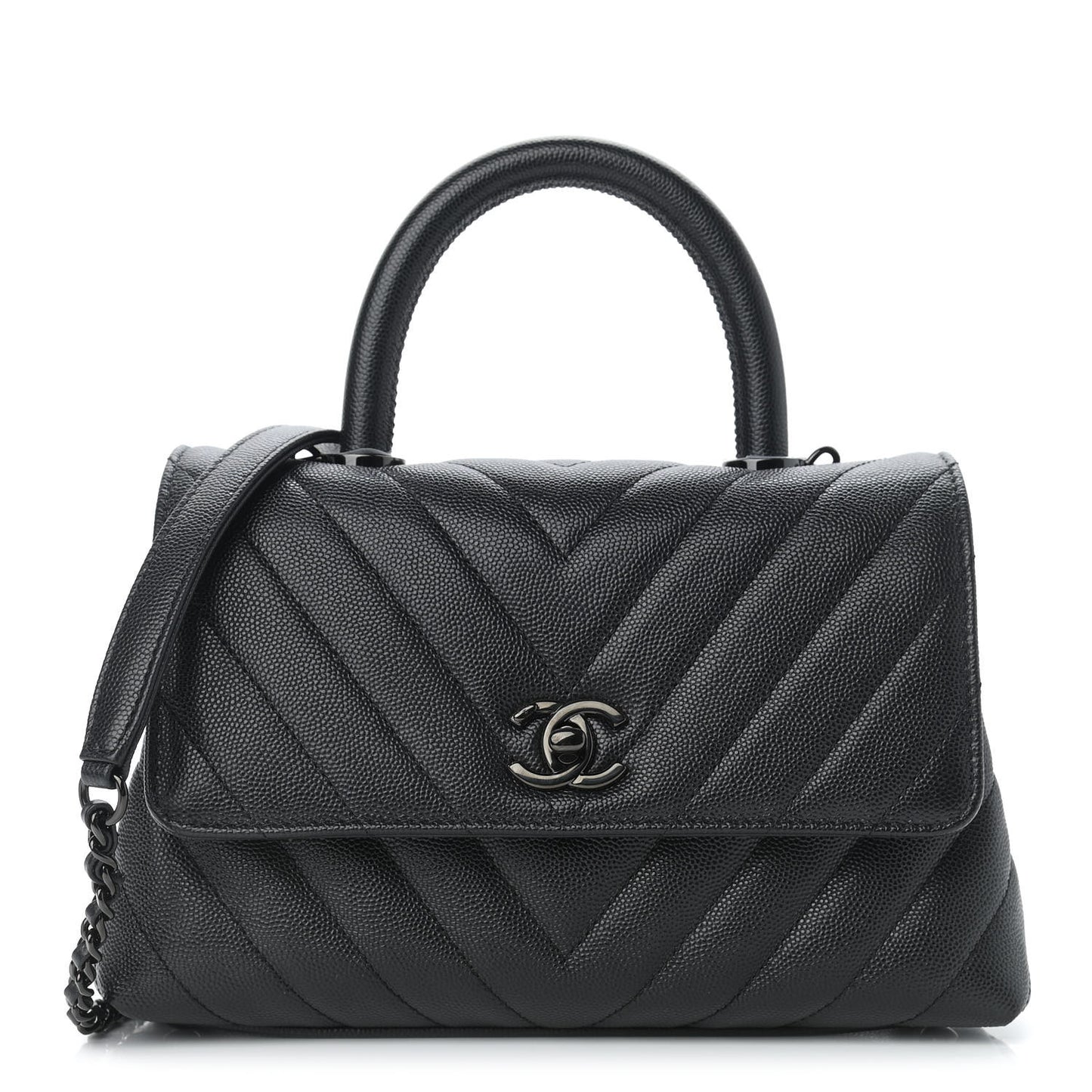 Caviar Chevron Quilted Mini Coco Handle Flap So Black