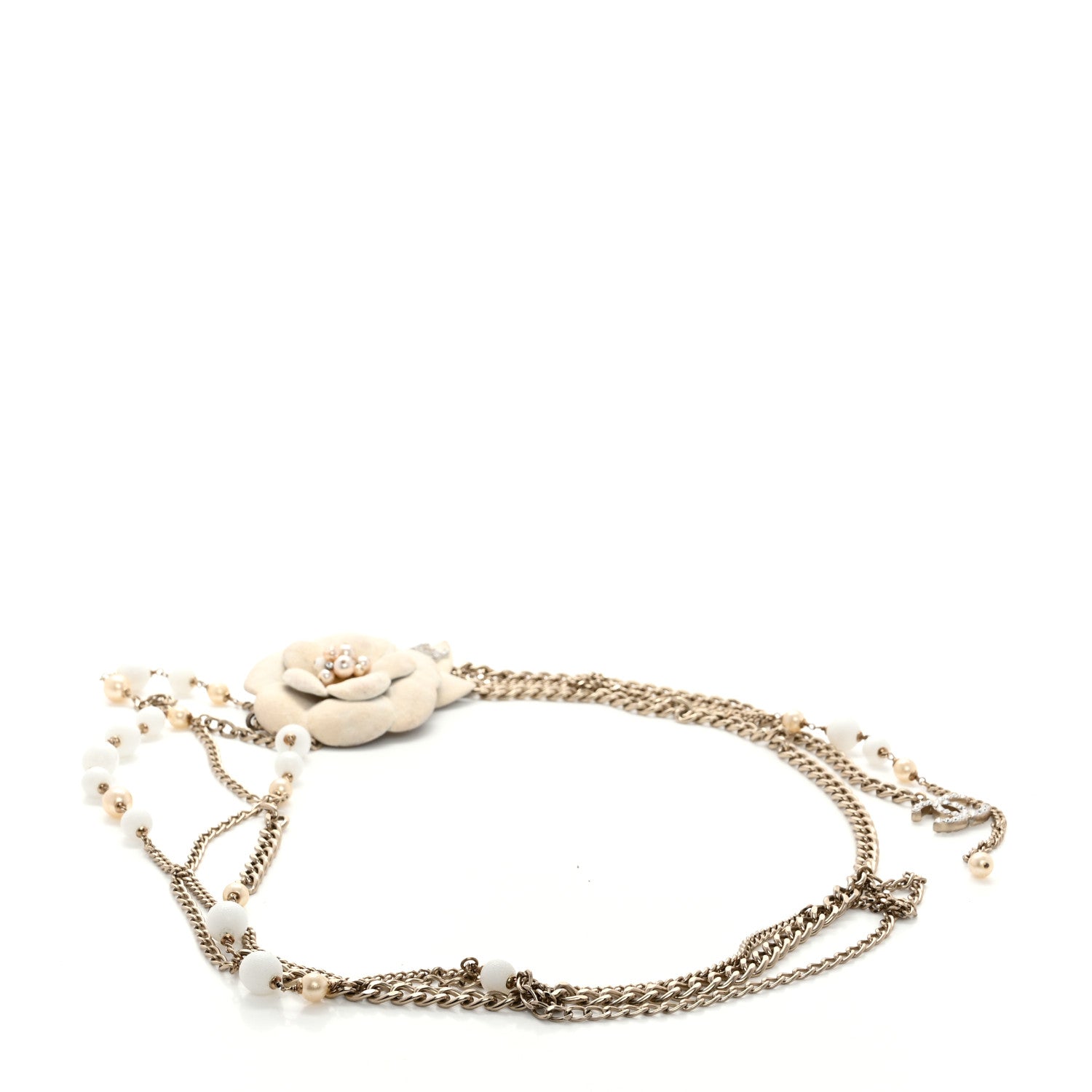 Chanel Pearl Crystal Beaded Camellia Chain Belt Gold White 2 of 5