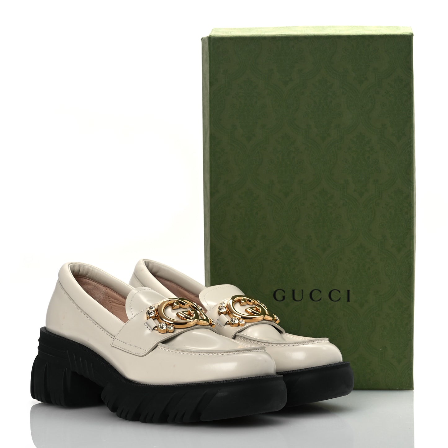Magnum Calfskin Nappa Crystal Womens Interlocking G Platform Chunky Lug Sole 40mm Loafers 40.5 White