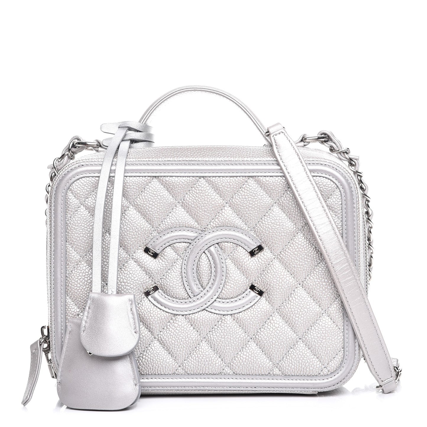 Metallic Caviar Quilted Medium CC Filigree Vanity Case Silver