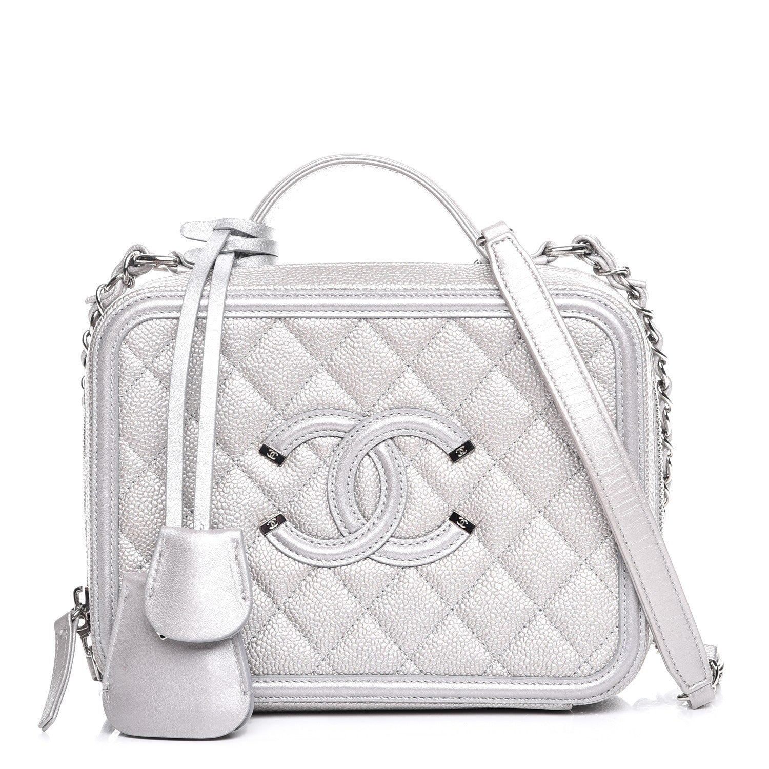 Chanel Metallic Caviar Quilted Medium CC Filigree Vanity Case Silver 1 of 8