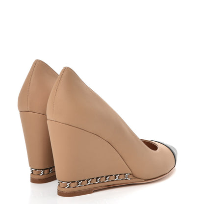 Chanel Calfskin Cap Toe Chain Wedge Pumps 39.5 Marron Clair Black 4 of 10