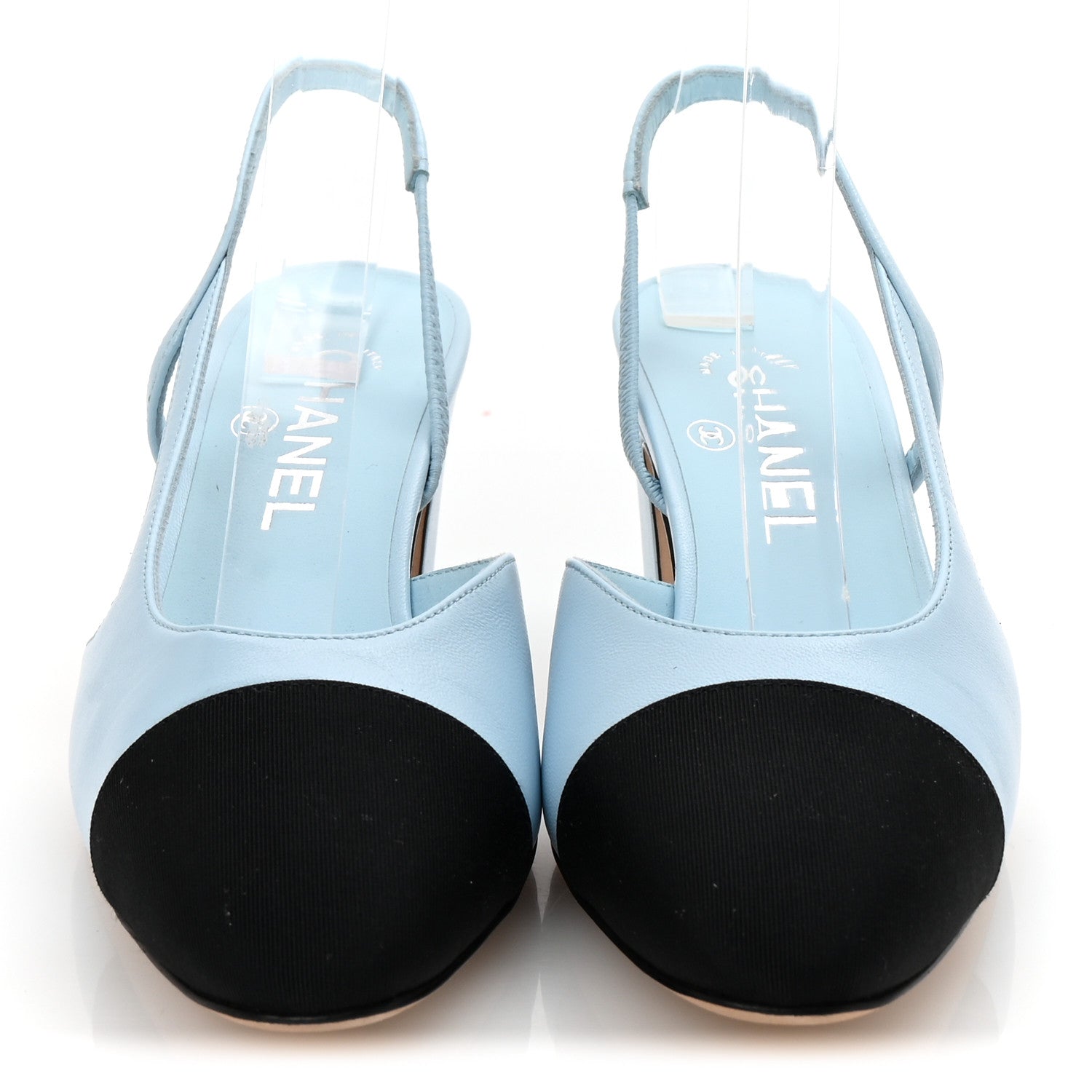 Chanel Lambskin Grosgrain Cap Toe CC Slingback Pumps 38 Light Blue Black 3 of 10