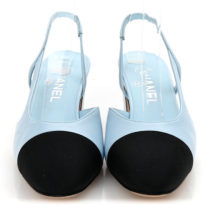 Chanel Lambskin Grosgrain Cap Toe CC Slingback Pumps 38 Light Blue Black 3 of 10