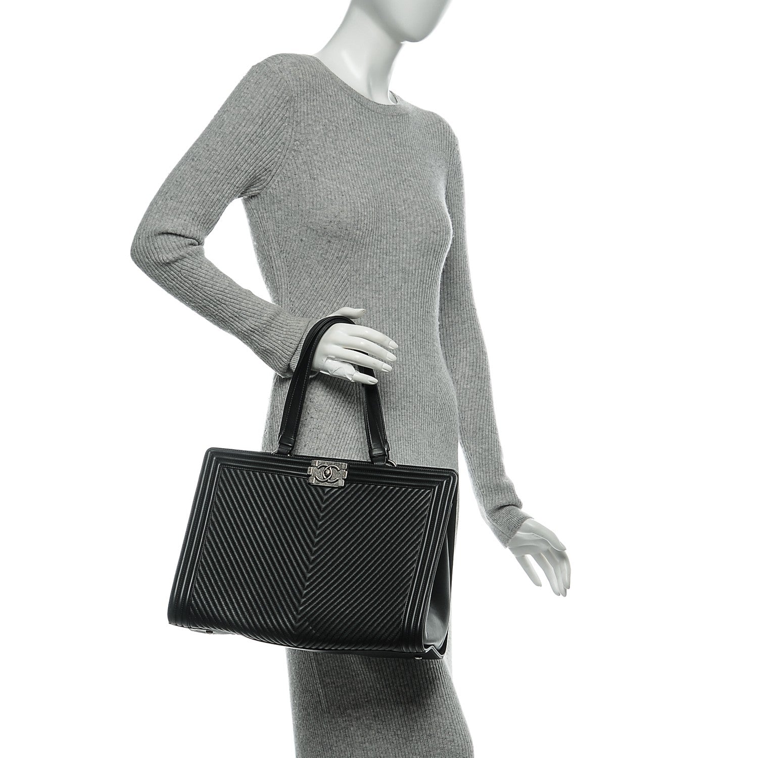 Chanel Calfskin Chevron Quilted Boy Shopping Tote Black 2 of 7