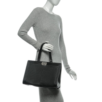 Chanel Calfskin Chevron Quilted Boy Shopping Tote Black 2 of 7