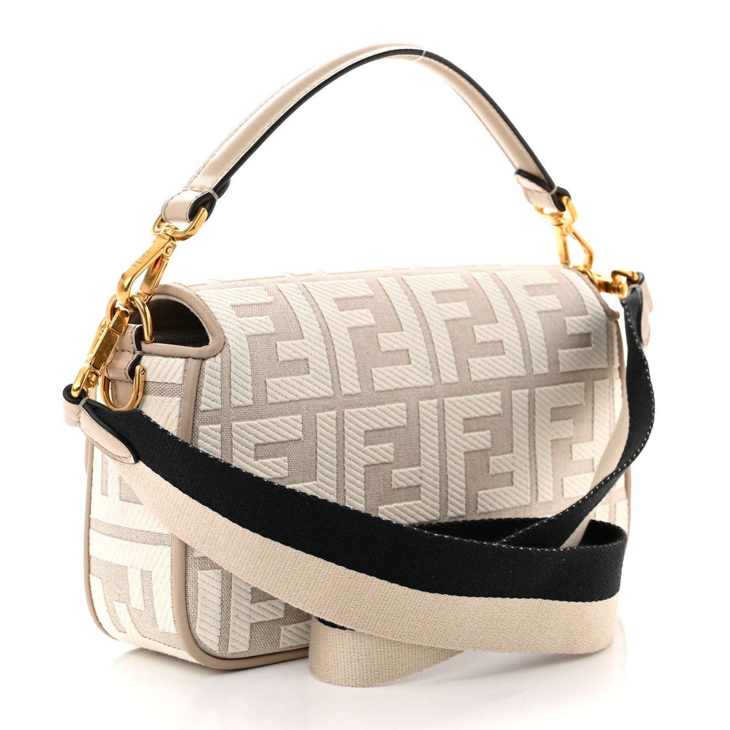 Canvas Vitello King FF Embroidered Baguette Grezzo White Nuvola