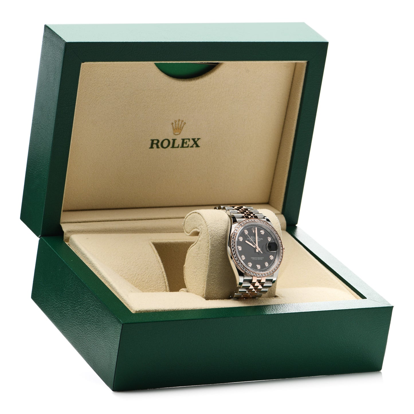 Stainless Steel 18K Everose Gold Diamond Bezel 36mm Oyster Perpetual Datejust Watch Black 126281RBR