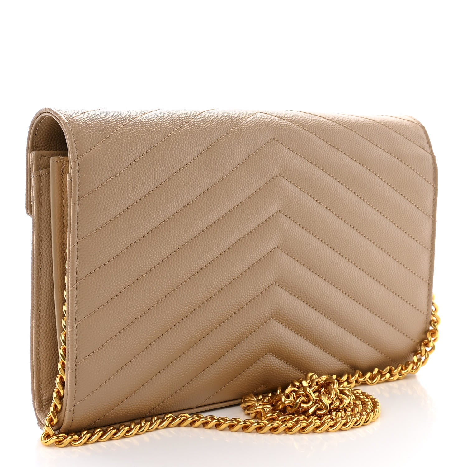 Saint Laurent Grain De Poudre Matelasse Chevron Monogram Chain Wallet Dark Beige 3 of 10