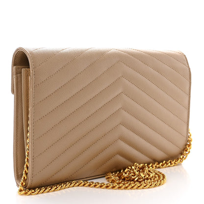 Saint Laurent Grain De Poudre Matelasse Chevron Monogram Chain Wallet Dark Beige 3 of 10