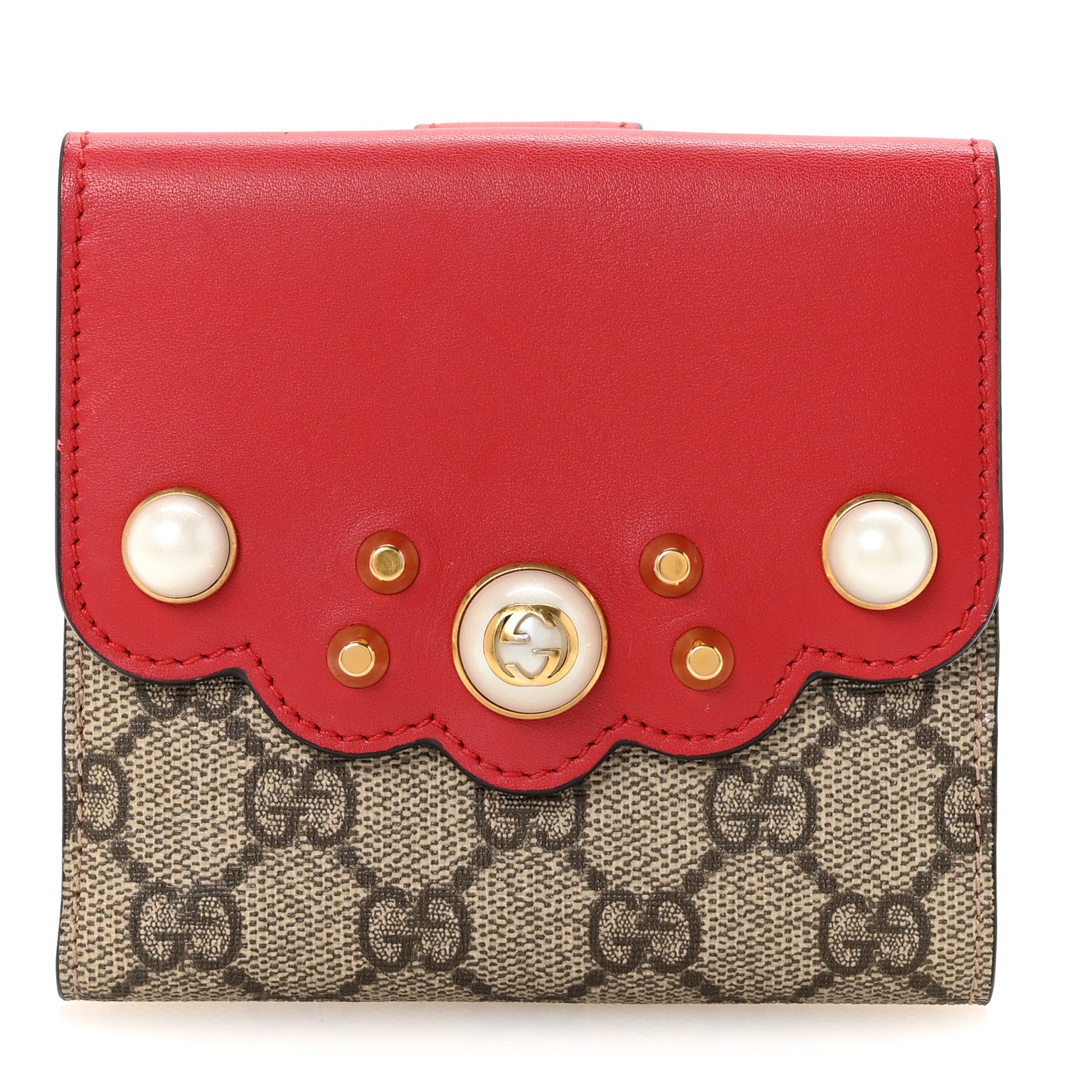 Gucci GG Supreme Monogram Pearl Studded French Wallet Beige Hibiscus ...
