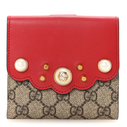 Gucci GG Supreme Monogram Pearl Studded French Wallet Beige Hibiscus Red 1 of 6