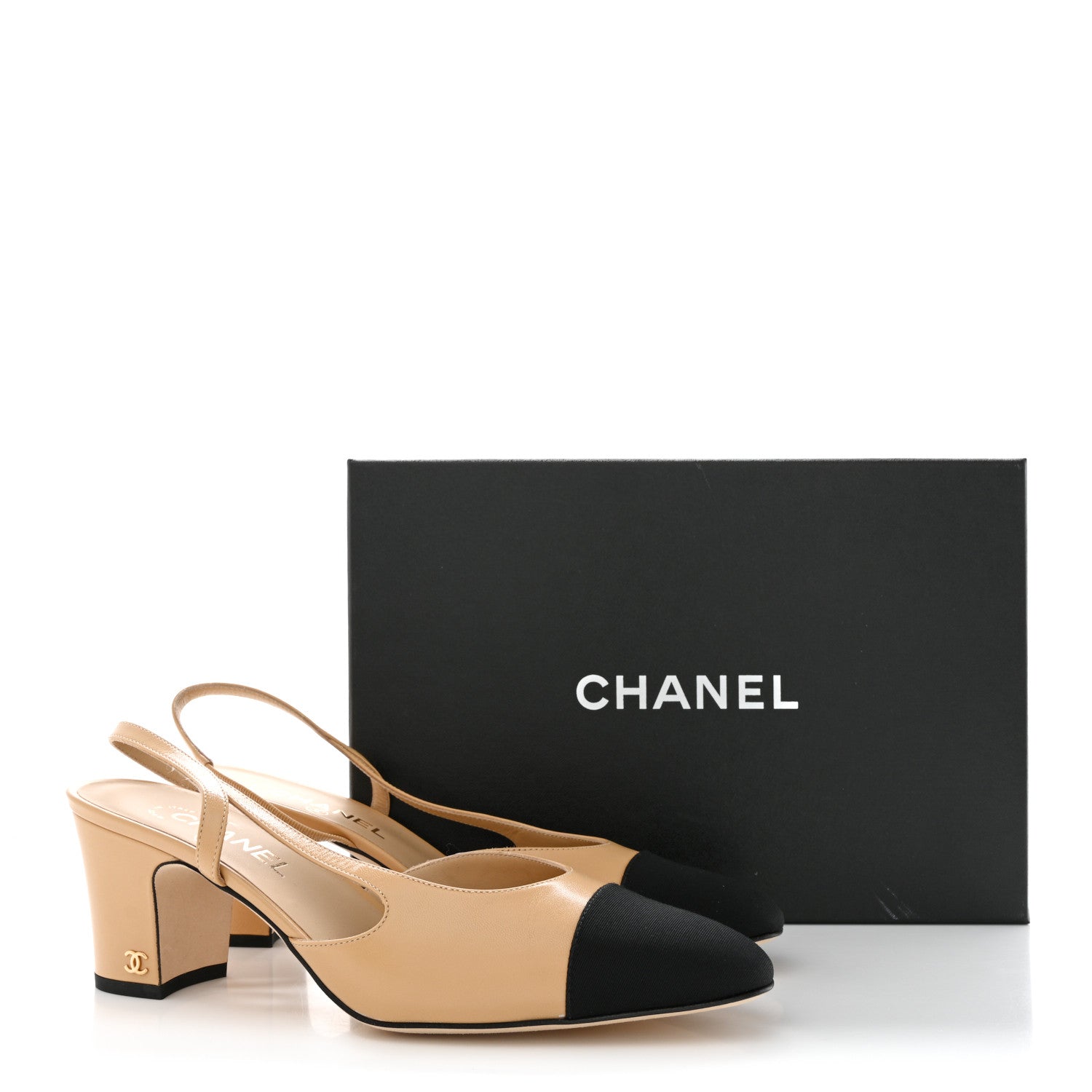 Chanel Goatskin Grosgrain Cap Toe CC Slingback Pumps 41 Beige Black 9 of 9